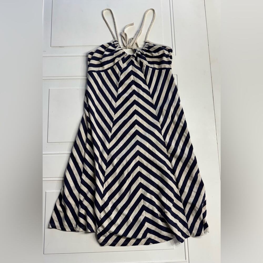 Old Navy Womens Sz M White Blue Chevron Stripe Print Tie Back Stringy Dress